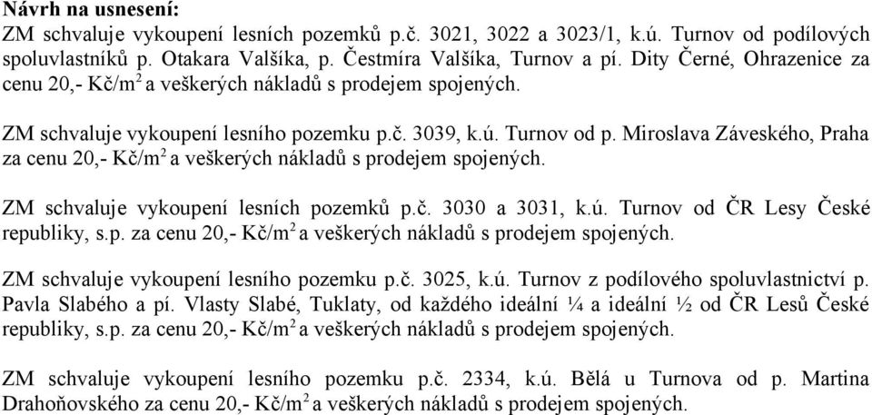 Miroslava Záveského, Praha za cenu 20,- Kč/m2 a veškerých nákladů s prodejem spojených. ZM schvaluje vykoupení lesních pozemků p.č. 3030 a 3031, k.ú. Turnov od ČR Lesy České republiky, s.p. za cenu 20,- Kč/m2 a veškerých nákladů s prodejem spojených. ZM schvaluje vykoupení lesního pozemku p.