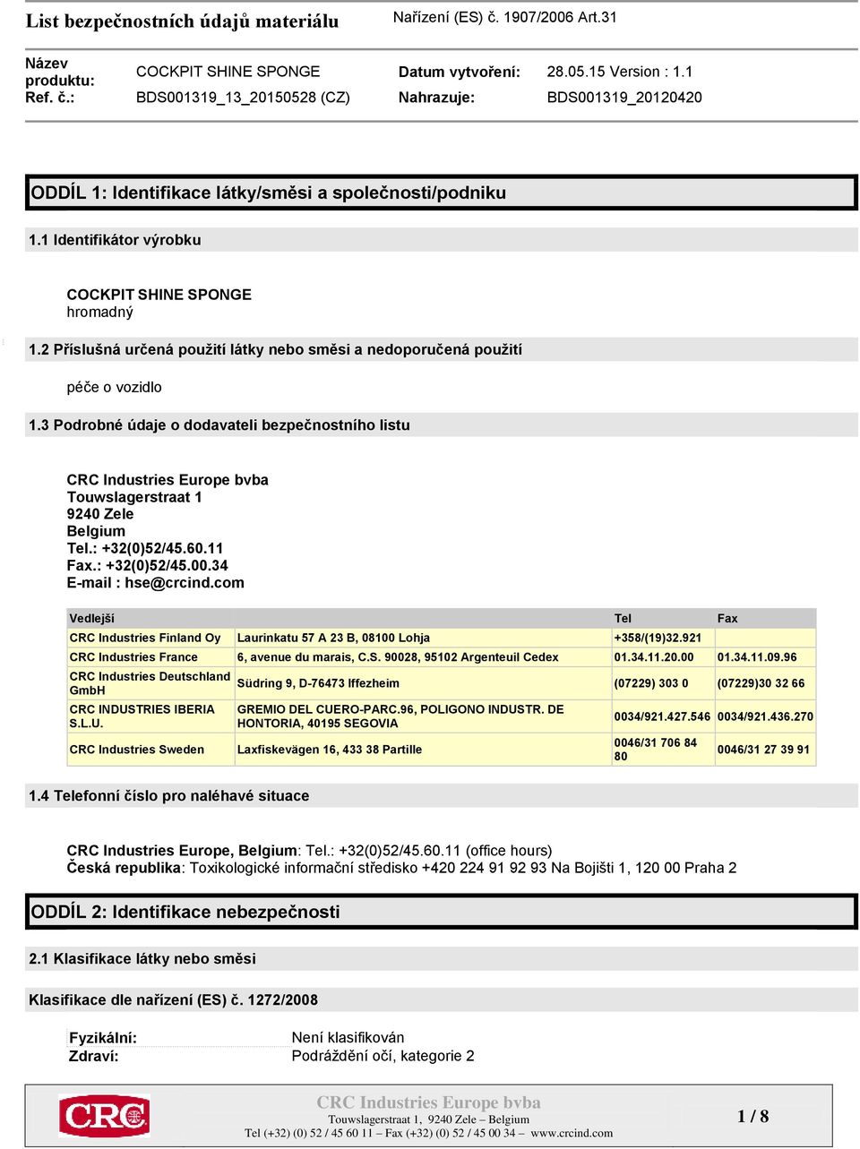com Vedlejší Tel Fax CRC Industries Finland Oy Laurinkatu 57 A 23 B, 08100 Lohja +358/(19)32.921 CRC Industries France 6, avenue du marais, C.S. 90028, 95102 Argenteuil Cedex 01.34.11.20.00 01.34.11.09.
