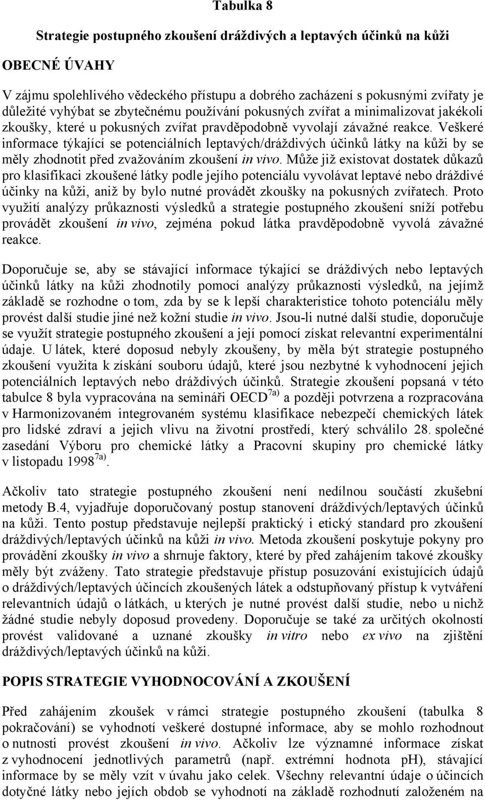 Veškeré informace týkající se potenciálních leptavých/dráždivých účinků látky na kůži by se měly zhodnotit před zvažováním zkoušení in vivo.
