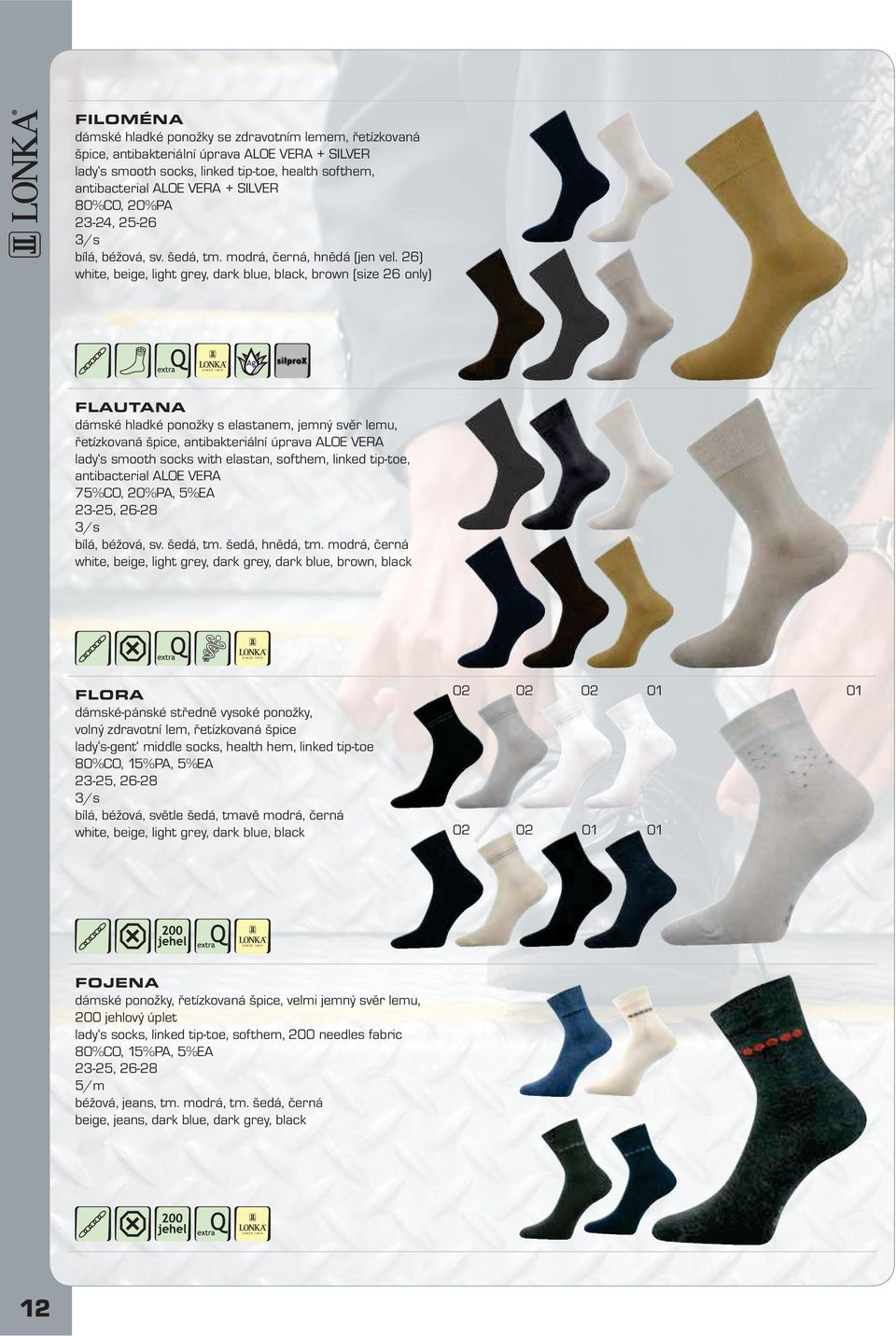 26) white, beige, light grey, dark blue, black, brown (size 26 only) FLUTN dámské hladké ponožky s elastanem, jemný svěr lemu, řetízkovaná špice, antibakteriální úprava LOE VER lady s smooth socks