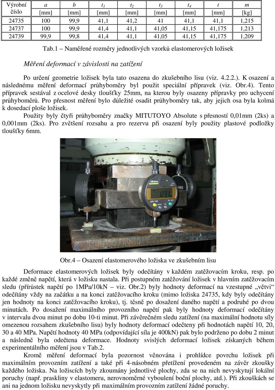 1 Naměřené rozměry jednotlivých vzorků elastomerových ložisek Měření deformací v závislosti na zatížení Po určení geometrie ložisek byla tato osazena do zkušebního lisu (viz. 4.2.2.).