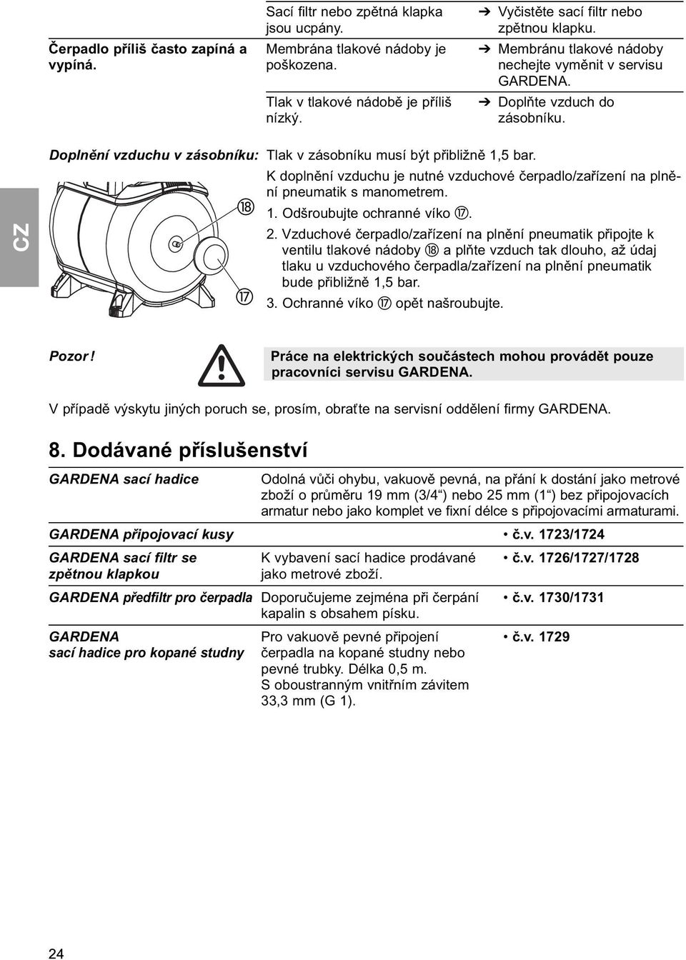 K doplnění vzduchu je nutné vzduchové čerpadlo/zařízení na plnění pneumatik s manometrem. 1. Odšroubujte ochranné víko. 2.