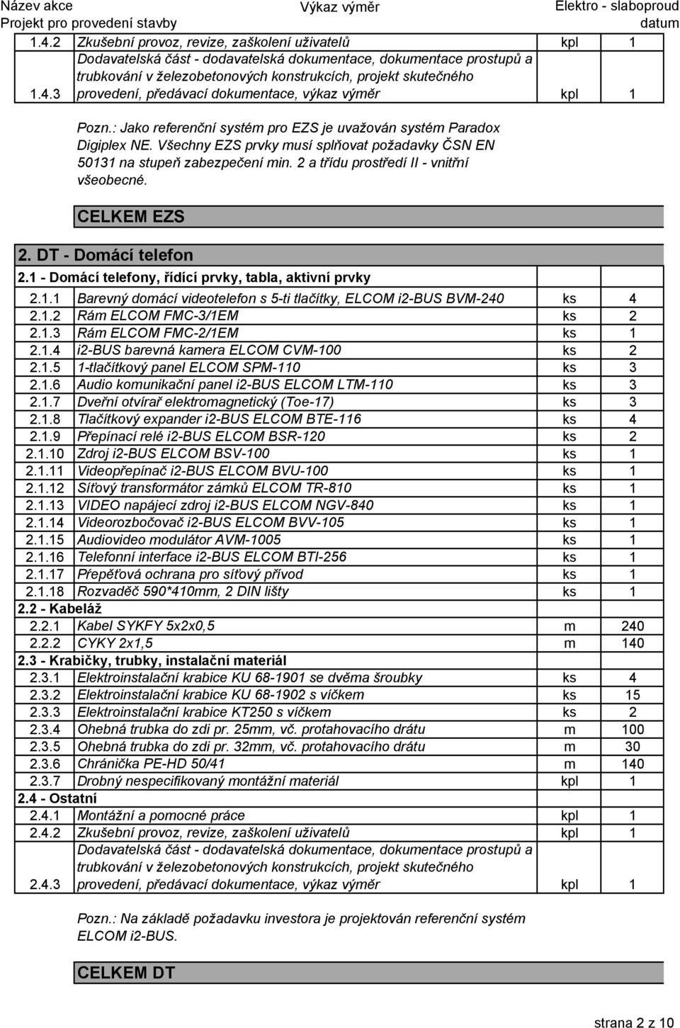 1 - Domácí telefony, řídící prvky, tabla, aktivní prvky 2.1.1 Barevný domácí videotelefon s 5-ti tlačítky, ELCOM i2-bus BVM-240 ks 4 2.1.2 Rám ELCOM FMC-3/1EM ks 2 2.1.3 Rám ELCOM FMC-2/1EM ks 1 2.1.4 i2-bus barevná kamera ELCOM CVM-100 ks 2 2.