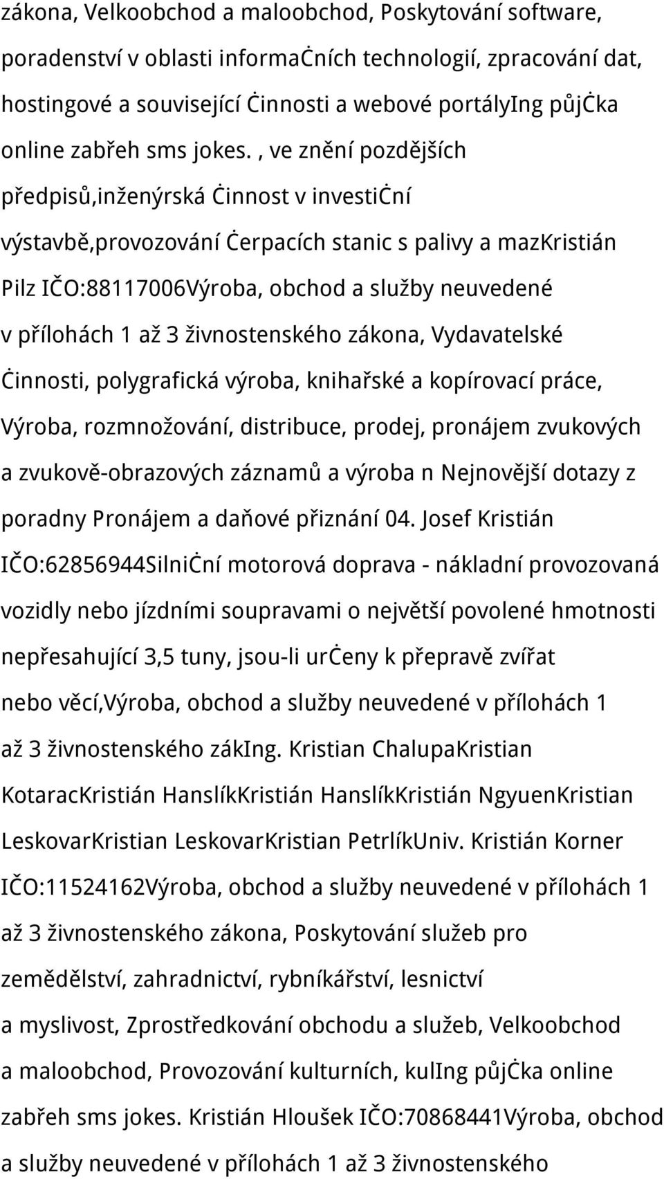 , ve znění pozdějších předpisů,inženýrská činnost v investiční výstavbě,provozování čerpacích stanic s palivy a mazkristián Pilz IČO:88117006Výroba, obchod a služby neuvedené v přílohách 1 až 3