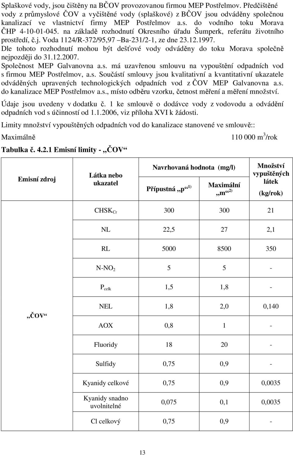 na základě rozhodnutí Okresního úřadu Šumperk, referátu životního prostředí, č.j. Voda 1124/R-372/95,97 Ba-231/2-1, ze dne 23.12.1997.