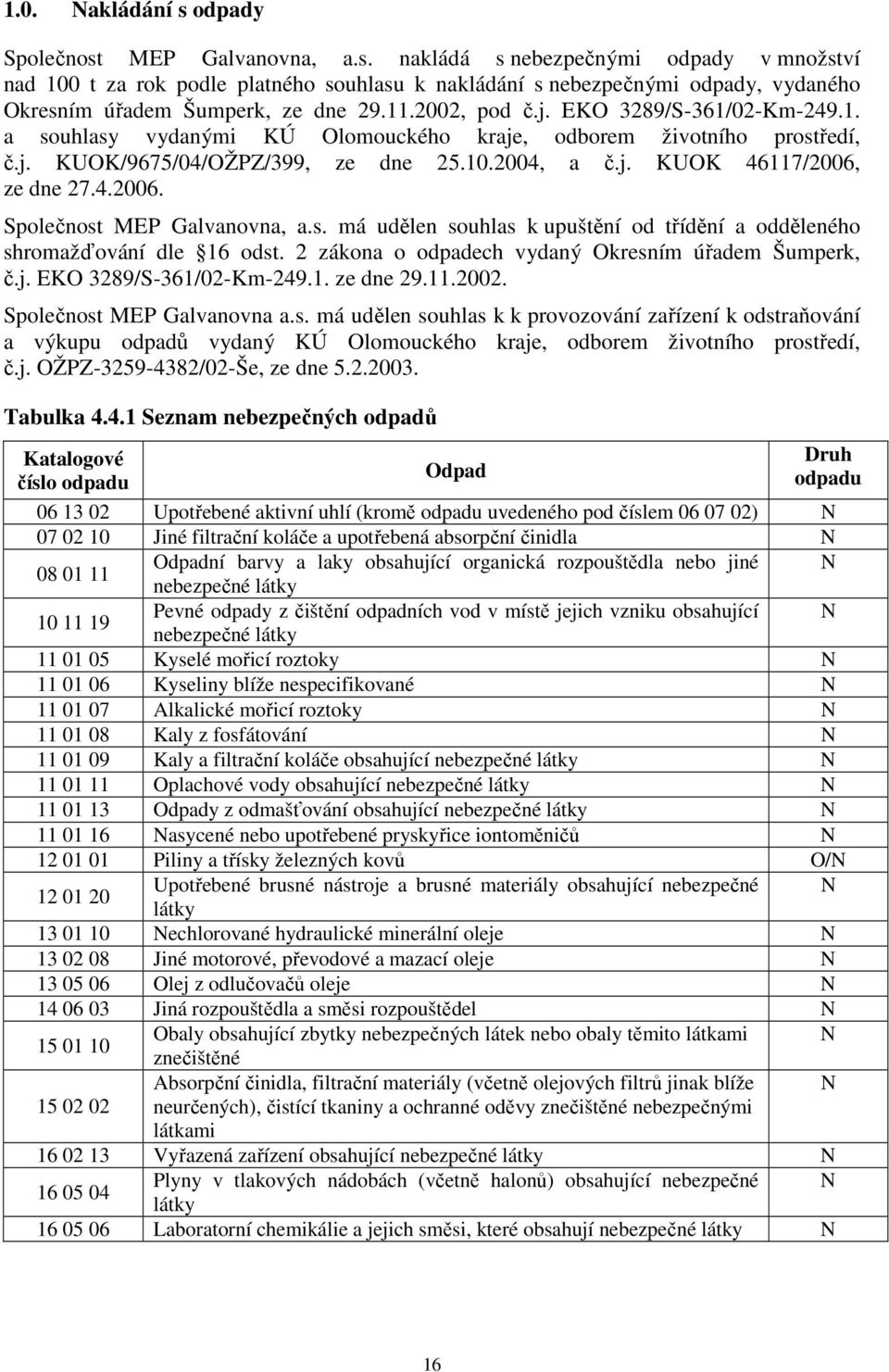 ze dne 27.4.2006. Společnost MEP Galvanovna, a.s. má udělen souhlas k upuštění od třídění a odděleného shromažďování dle 16 odst. 2 zákona o odpadech vydaný Okresním úřadem Šumperk, č.j.