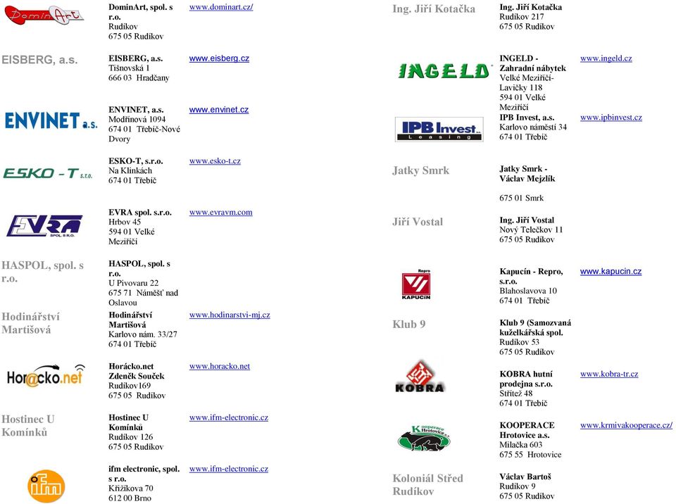 cz Jatky Smrk Jatky Smrk - Václav Mejzlík 675 01 Smrk EVRA spol. s. Hrbov 45 www.evravm.com Jiří Vostal Ing. Jiří Vostal Nový Telečkov 11 HASPOL, spol. s Hodinářství Martišová HASPOL, spol.