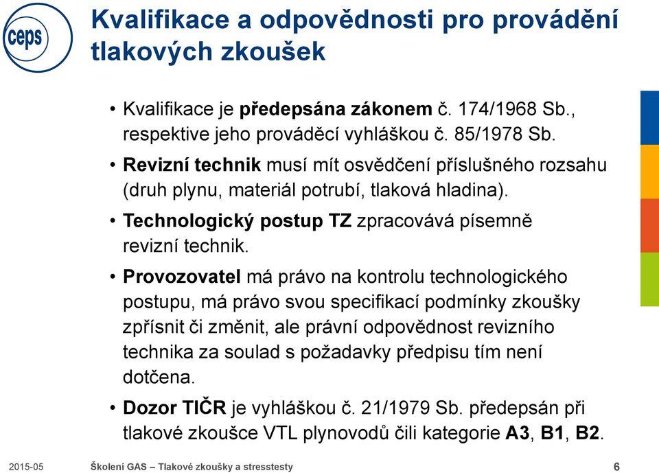 Provozovatel má právo na kontrolu technologického postupu, má právo svou specifikací podmínky zkoušky zpřísnit či změnit, ale právní odpovědnost revizního technika za soulad