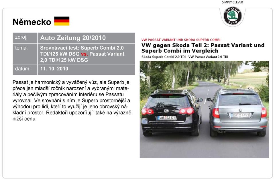 2010 Passat je harmonický a vyvážený vůz, ale Superb je přece jen mladší ročník narození a vybranými materiály a