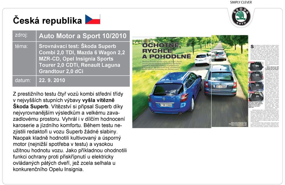 Vítězství si připsal Superb díky nejvyrovnanějším výsledkům a velkému zavazadlovému prostoru. Vyhrál i v dílčím hodnocení karoserie a jízdního komfortu.