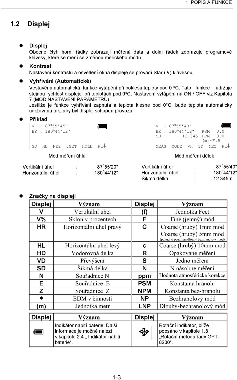 Tato funkce udržuje stejnou rychlost displeje při teplotách pod 0 C. Nastavení vytápění na ON / OFF viz Kapitola 7 (MOD NASTAVENÍ PARAMETRÙ).