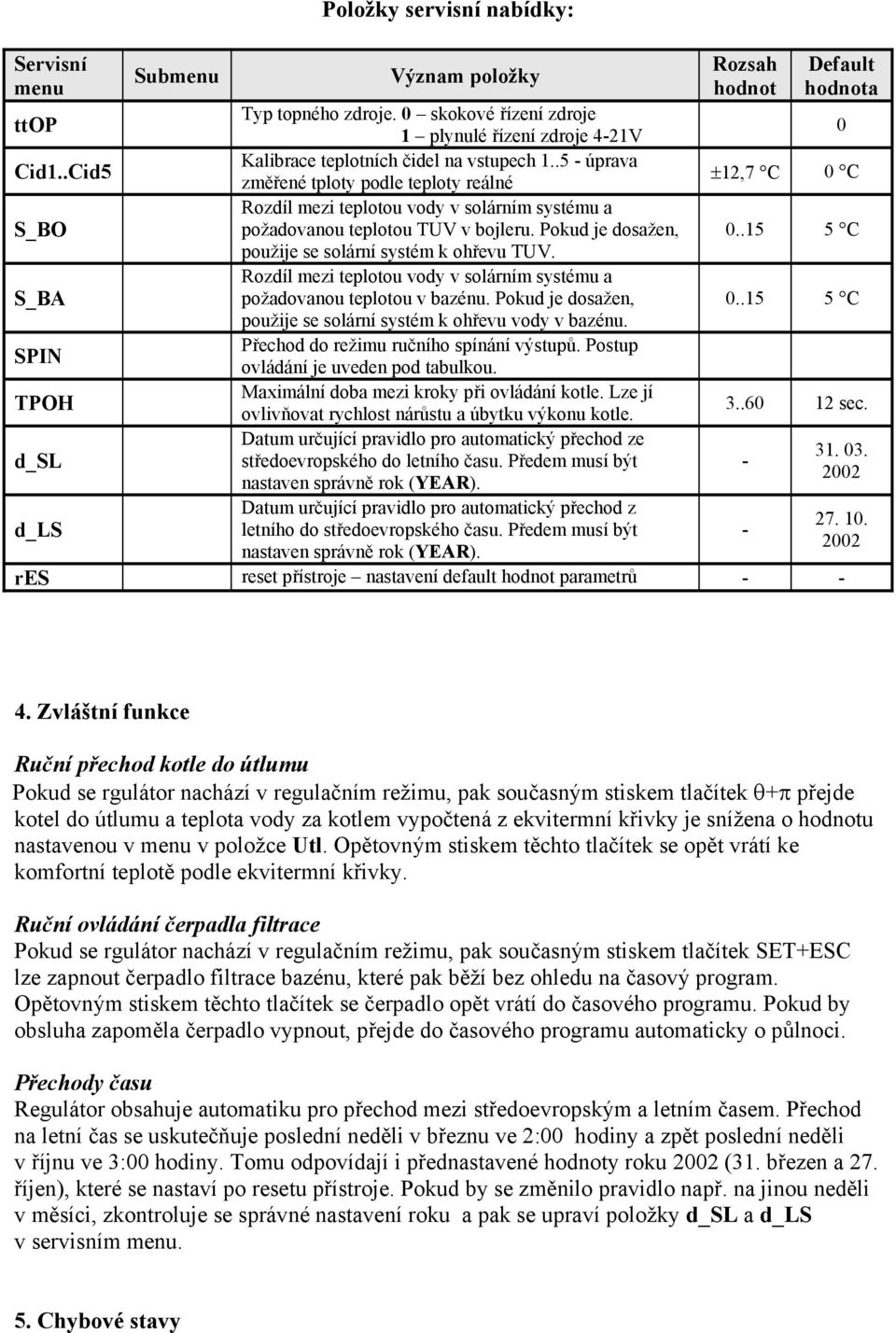 Pokud je dosažen, 0..15 5 C použije se solární systém k ohřevu TUV. S_BA Rozdíl mezi teplotou vody v solárním systému a požadovanou teplotou v bazénu. Pokud je dosažen, 0.