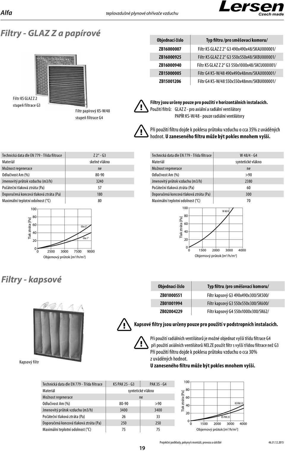 papírový KS-W/48 stupeň filtrace G4 Filtry jsou určeny pouze pro použití v horizontálních instalacích.