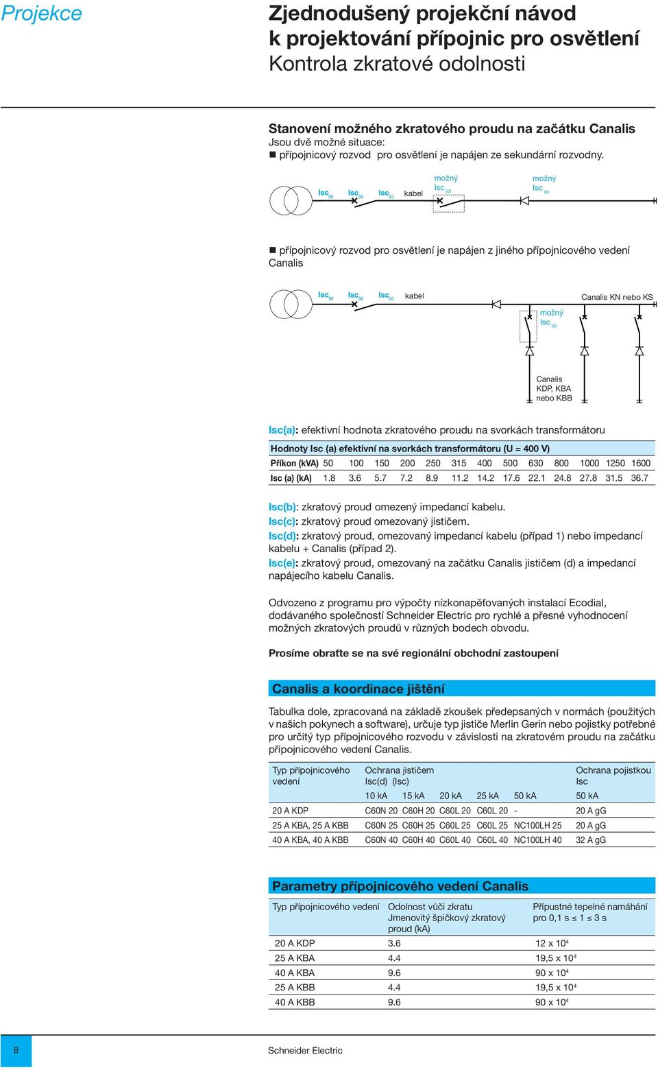 kabel možný Isc (d) možný Isc (e) přípojnicový rozvod pro osvětlení je napájen z jiného přípojnicového vedení Canalis kabel možný Isc (d) Canalis KN nebo KS Canalis KDP, KBA nebo KBB Isc(a):