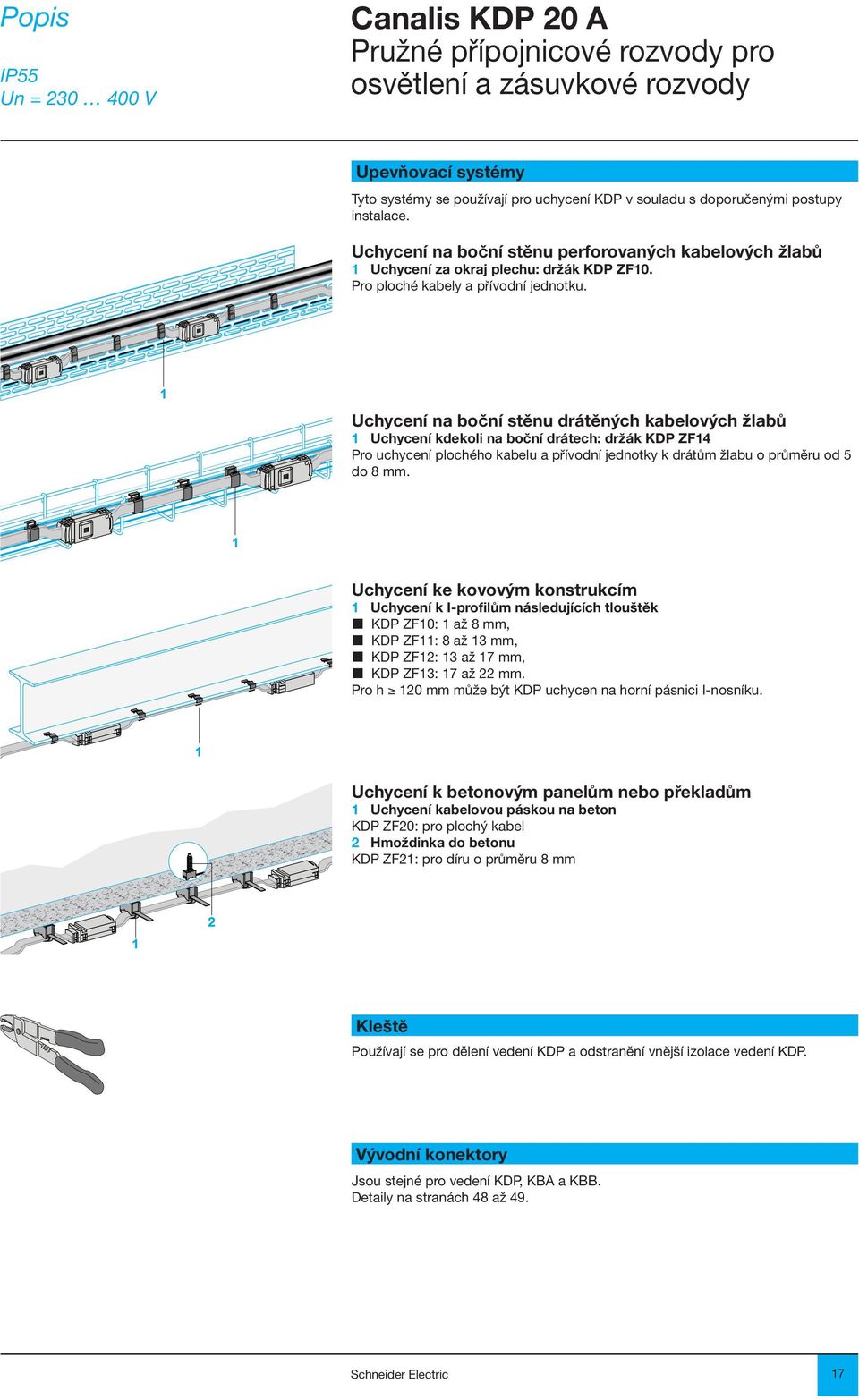Uchycení na boční stěnu drátěných kabelových žlabů 1 Uchycení kdekoli na boční drátech: držák KDP ZF14 Pro uchycení plochého kabelu a přívodní jednotky k drátům žlabu o průměru od 5 do 8 mm.