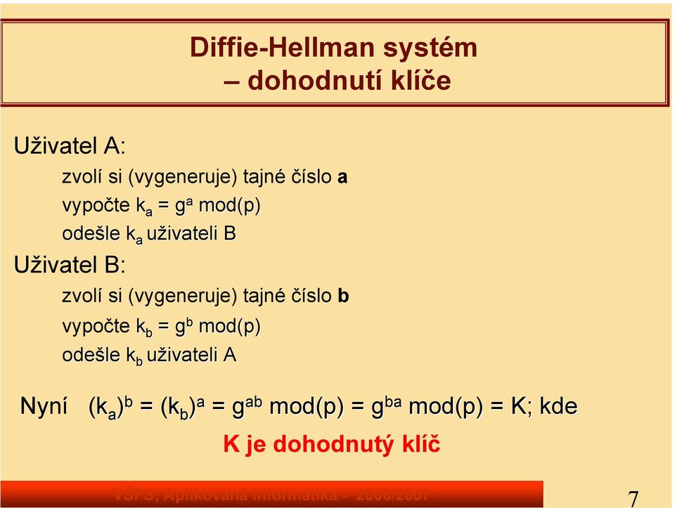 (vygeneruje) tajné číslo b vypočte k b = g b mod(p) odešle k b uživateli A