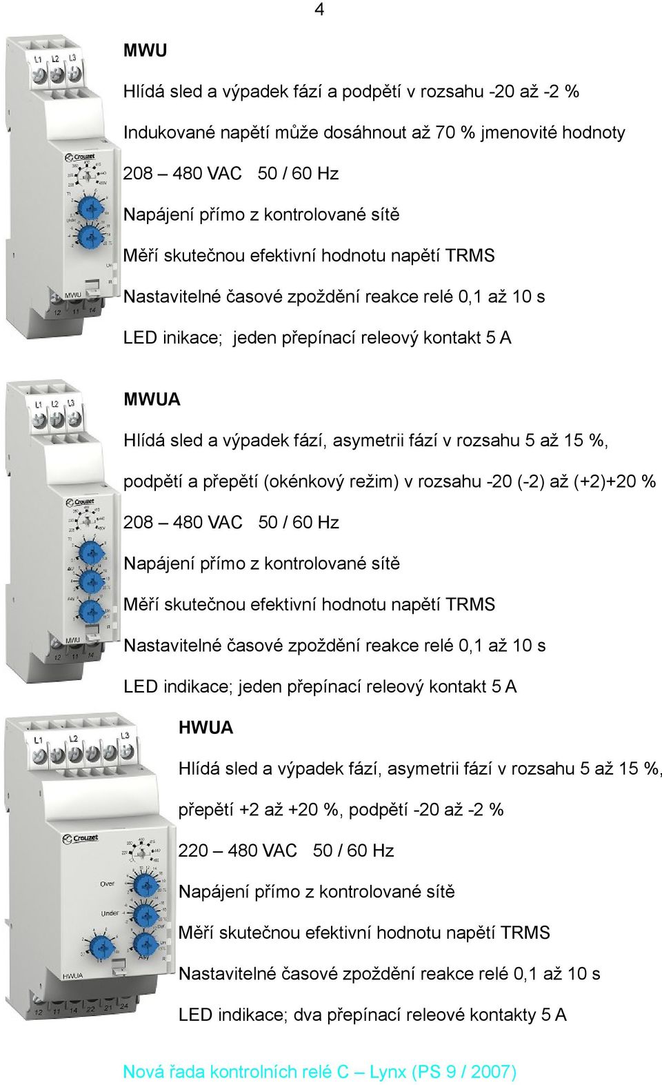 rozsahu -20 (-2) až (+2)+20 % LED indikace; jeden přepínací releový kontakt 5 A HWUA, asymetrii fází v rozsahu 5