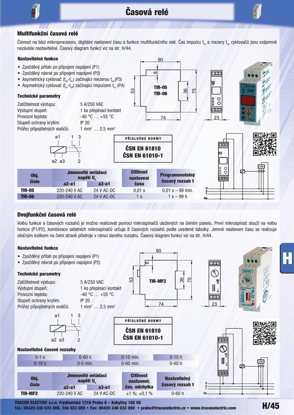 Nastavitelné funkce Zpožděný přítah po připojení napájení (P1) Zpožděný návrat po připojení napájení (P2) Asymetrický cyklovač (t off -t on ) začínající mezerou t off (P3) Asymetrický cyklovač (t on