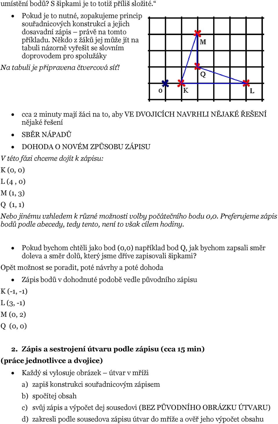 cca 2 minuty mají žáci na to, aby VE DVOJICÍCH NAVRHLI NĚJAKÉ ŘEŠENÍ nějaké řešení SBĚR NÁPADŮ DOHODA O NOVÉM ZPŮSOBU ZÁPISU V této fázi chceme dojít k zápisu: K (0, 0) L (4, 0) M (1, 3) Q (1, 1)