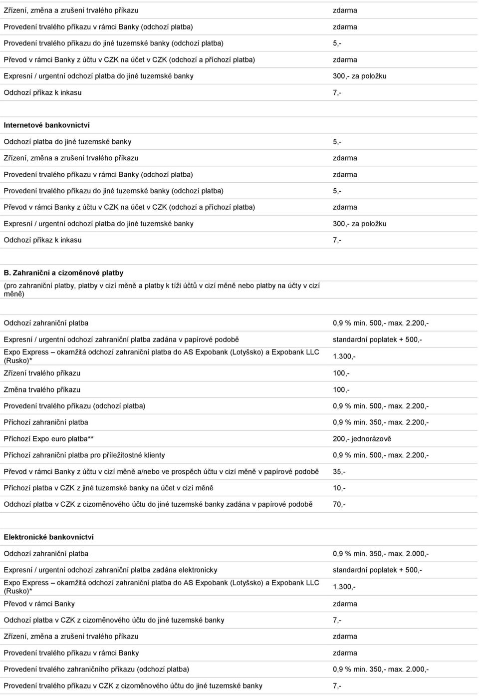 banky 5,-  na účet (odchozí a příchozí platba) Expresní / urgentní odchozí platba do jiné tuzemské banky 300,- za položku Odchozí příkaz k inkasu 7,- B.