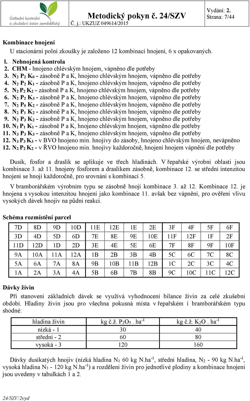 N2 P2 K2 - zásobně P a K, hnojeno chlévským hnojem, vápněno dle potřeby 6. N2 P2 K3 - zásobně P a K, hnojeno chlévským hnojem, vápněno dle potřeby 7.