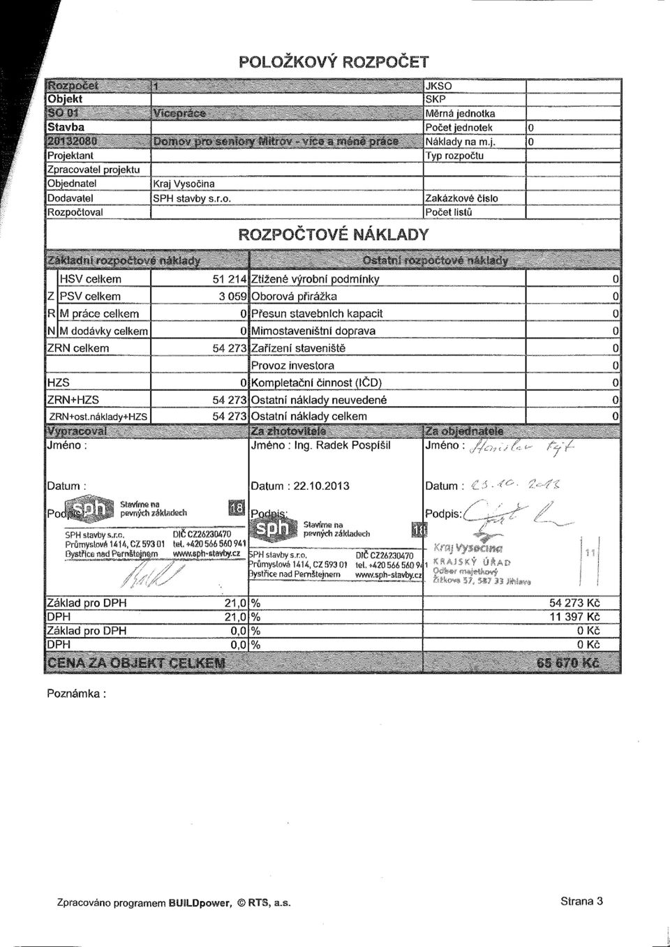 HZS ZRN+ost.náklady+HZS Kompletační činnost (IČD) 54 273 Ostatní náklady neuvedené 54 273 Ostatní náklady celkem Jméno : Jméno : Ing. Radek Pospíšil Jméno : Ji ČÍ; ' Datum : SPH stavby s.r.