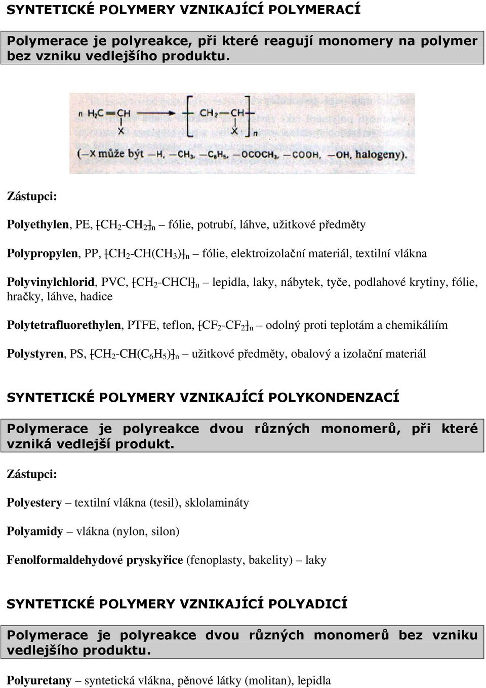 -CHCl] n lepidla, laky, nábytek, tyče, podlahové krytiny, fólie, hračky, láhve, hadice Polytetrafluorethylen, PTFE, teflon, [CF 2 -CF 2 ] n odolný proti teplotám a chemikáliím Polystyren, PS, [CH 2