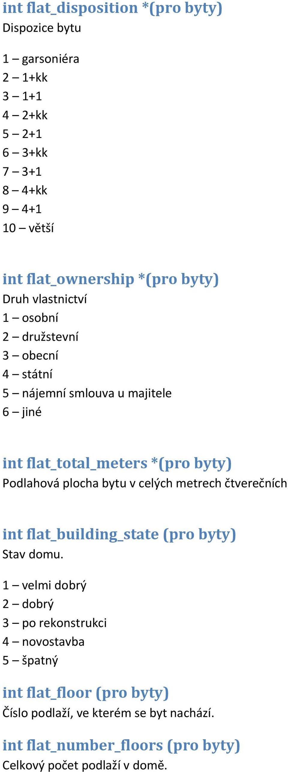 Podlahová plocha bytu v celých metrech čtverečních int flat_building_state (pro byty) Stav domu.