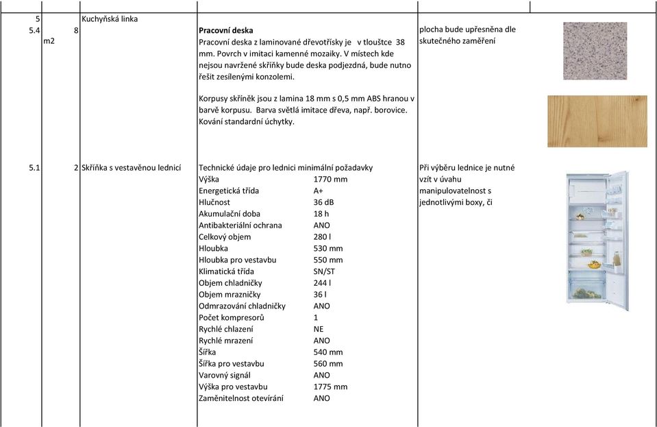 plocha bude upřesněna dle skutečného zaměření Korpusy skříněk jsou z lamina 18 mm s 0,5 mm ABS hranou v barvě korpusu. Barva světlá imitace dřeva, např. borovice. Kování standardní úchytky. 5.