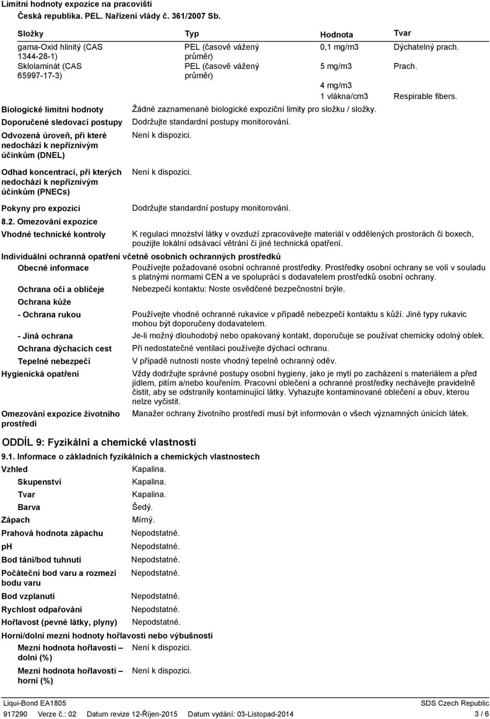 koncentrací, při kterých nedochází k nepříznivým účinkům (PNECs) Typ PEL (časově vážený průměr) PEL (časově vážený průměr) Hodnota Tvar 0,1 mg/m3 Dýchatelný prach. 5 mg/m3 Prach.