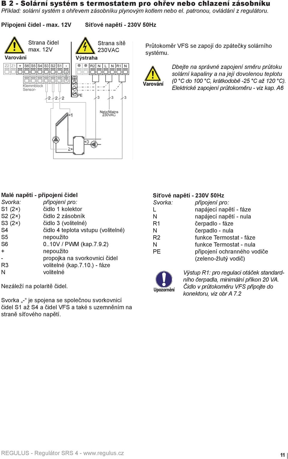 Dbejte na správné zapojení směru průtoku solární kapaliny a na její dovolenou teplotu (0 C do 100 C, krátkodobě -25 C až 120 C). Elektrické zapojení průtokoměru - viz kap.