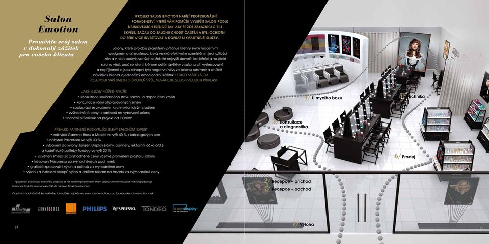 Salony, které projdou projektem, přitahují klienty svým moderním designem a atmosférou, která vzniká efektivním rozmístěním jednotlivých zón a v nich poskytovaných služeb té nejvyšší úrovně.