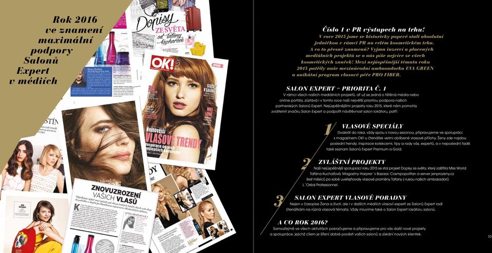 Mezi nejúspěšnější témata roku 2015 patřily naše mezinárodní ambasadorka EVA GREEN a unikátní program vlasové péče PRO FIBER. SALON EXPERT = PRIORITA Č.