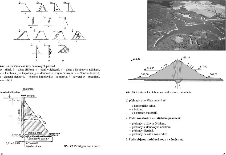 klenbová, j členěná kupolová, k komorová, l kotvená, m předpjatá, n z dílců 303,00 315,50 1 : 1,3 1 : 1,3 317,00 303,00 maximální hladina osa hráze koruna Obr. 20.