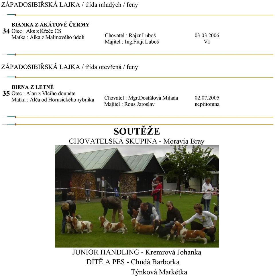 03.2006 ZÁPADOSIBIŘSKÁ LAJKA / třída otevřená / feny 35 BIENA Z LETNÉ Otec : Alan z Vlčího doupěte Matka : Alča od Horusického