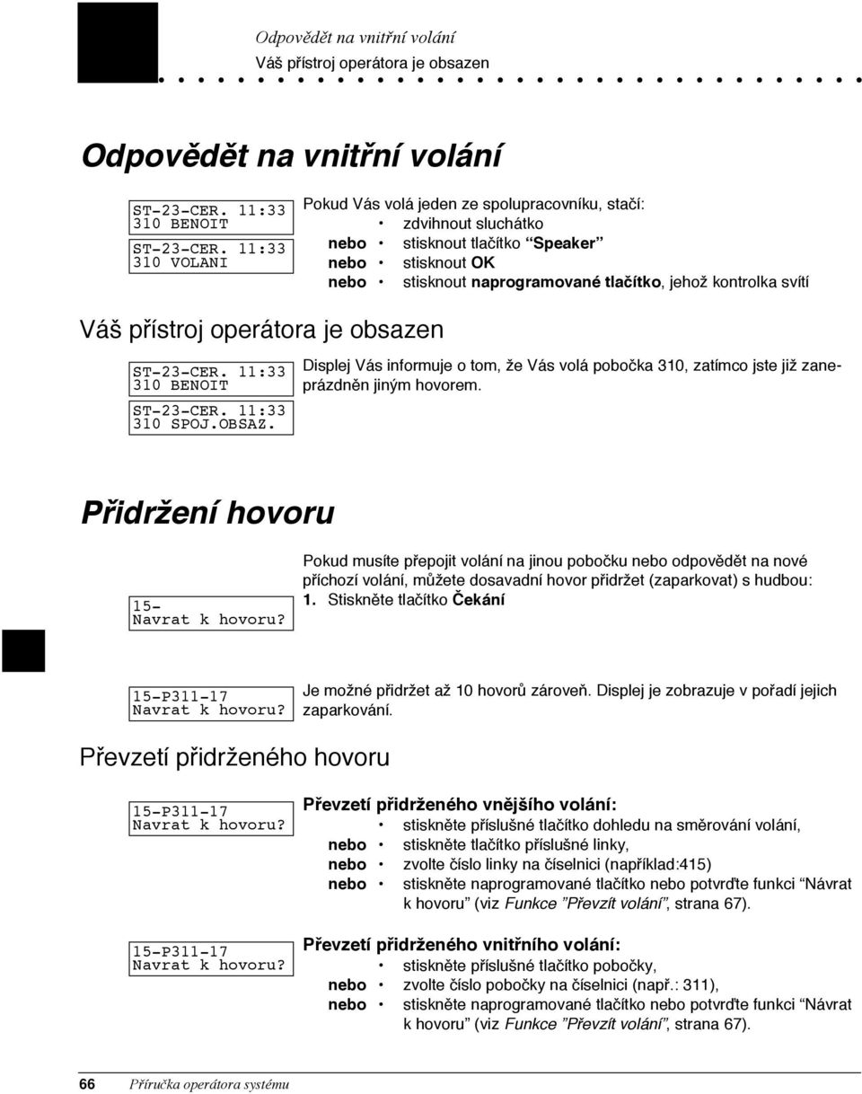 Displej V s informuje o tom, ìe V s vol pobo ka 310, zat mco jste jiì zanepr zdnžn jinùm hovorem. PÞidrìen hovoru 15- Navrat k hovoru?