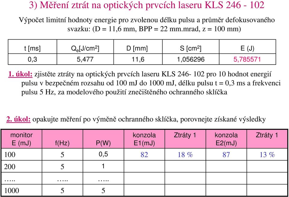úkol: zjistěte ztráty na optických prvcích laseru KLS 246-2 pro hodnot energií pulsu v bezpečném rozsahu od 0 mj do 00 mj, délku pulsu t = 0,3 ms a frekvenci pulsu 5 Hz, za