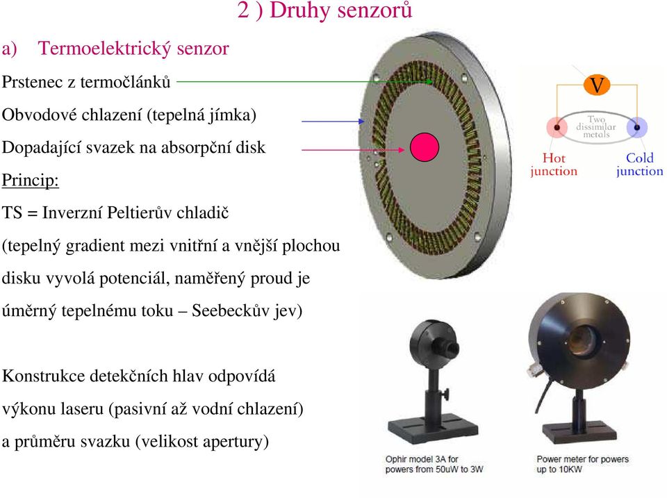 vnitřní a vnější plochou disku vyvolá potenciál, naměřený proud je úměrný tepelnému toku Seebeckův jev)