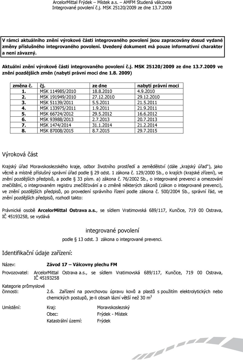 Uvedený dokument má pouze informativní charakter a není závazný. Aktuální znění výrokové části integrovaného povolení č.j. MSK 25120/2009 ze dne 13.7.
