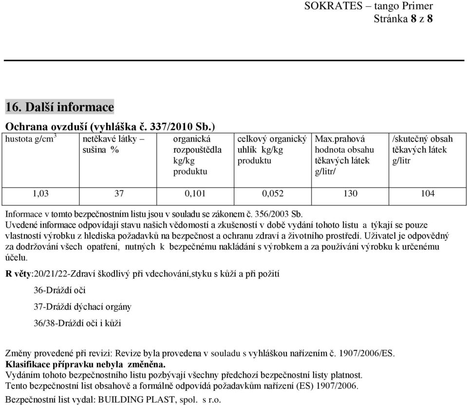 Uvedené informace odpovídají stavu našich vědomostí a zkušeností v době vydání tohoto listu a týkají se pouze vlastností výrobku z hlediska požadavků na bezpečnost a ochranu zdraví a životního