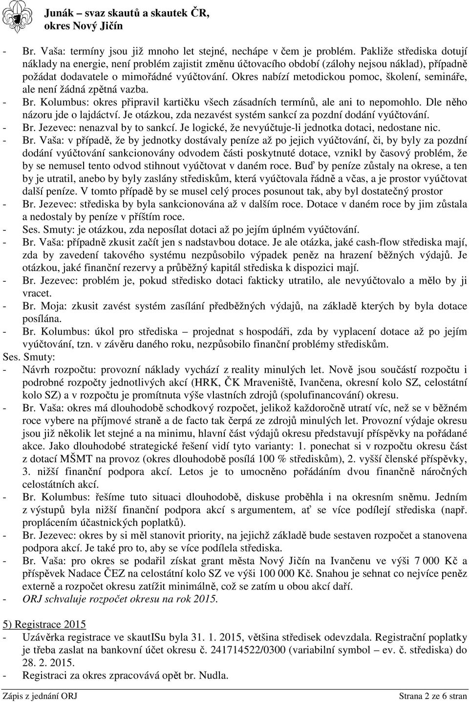 Okres nabízí metodickou pomoc, školení, semináře, ale není žádná zpětná vazba. - Br. Kolumbus: okres připravil kartičku všech zásadních termínů, ale ani to nepomohlo. Dle něho názoru jde o lajdáctví.