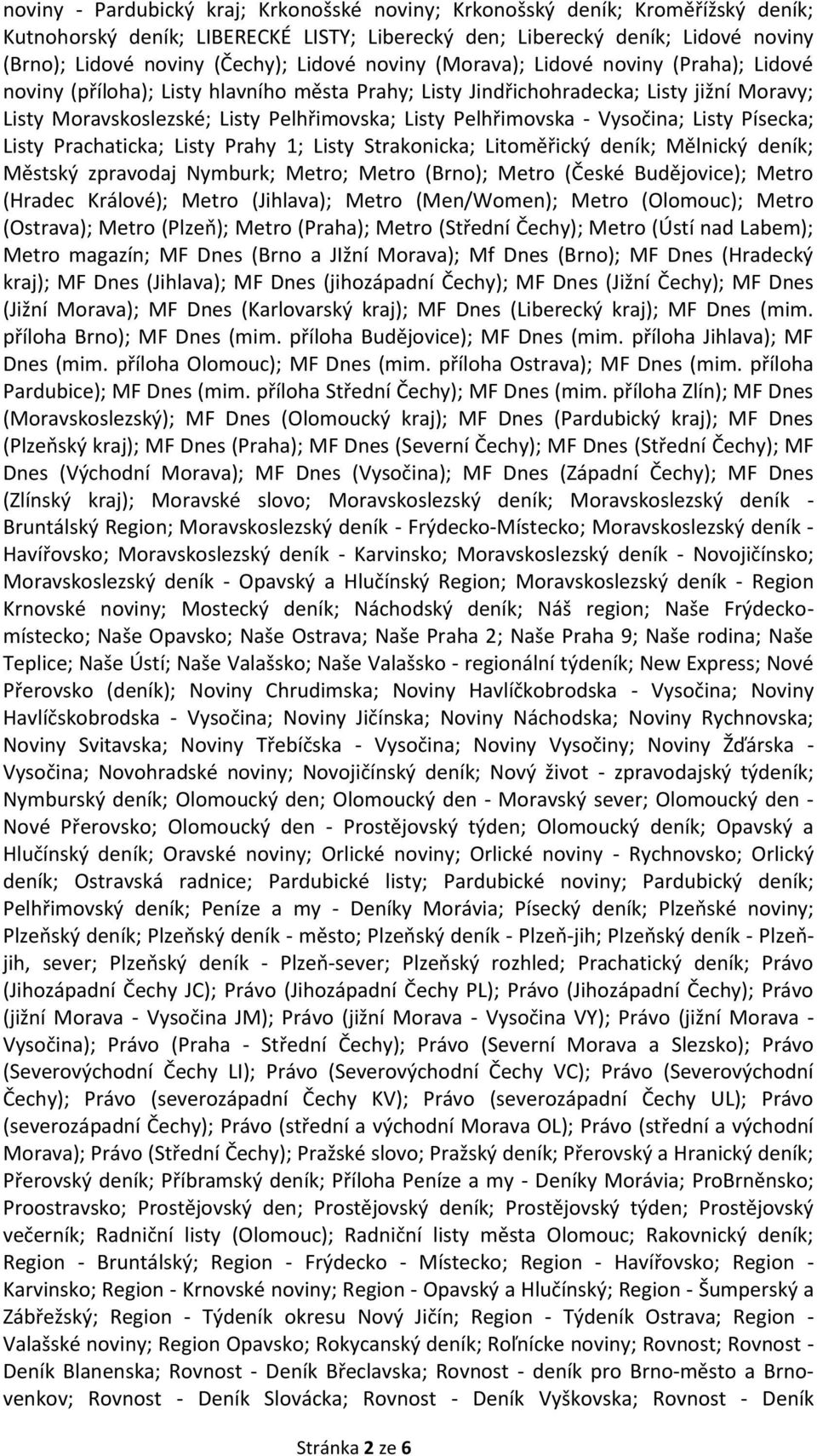 Pelhřimovska - Vysočina; Listy Písecka; Listy Prachaticka; Listy Prahy 1; Listy Strakonicka; Litoměřický deník; Mělnický deník; Městský zpravodaj Nymburk; Metro; Metro (Brno); Metro (České