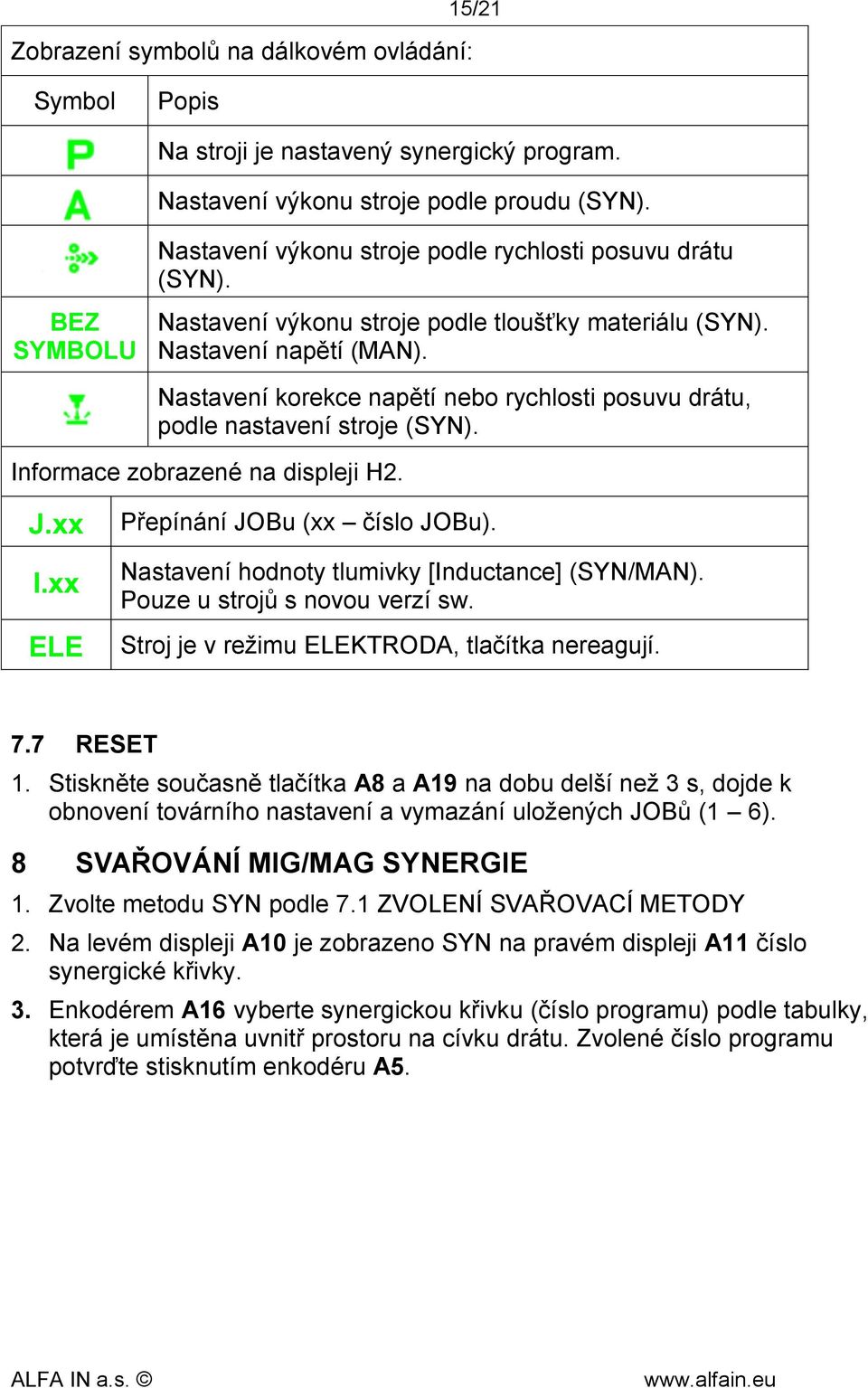 Nastavení korekce napětí nebo rychlosti posuvu drátu, podle nastavení stroje (SYN). Informace zobrazené na displeji H2. J.xx I.xx ELE Přepínání JOBu (xx číslo JOBu).