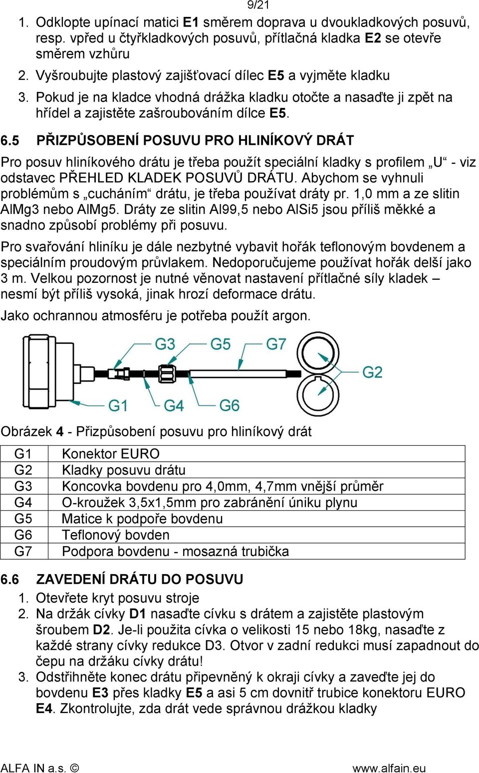 5 PŘIZPŮSOBENÍ POSUVU PRO HLINÍKOVÝ DRÁT Pro posuv hliníkového drátu je třeba použít speciální kladky s profilem U - viz odstavec PŘEHLED KLADEK POSUVŮ DRÁTU.