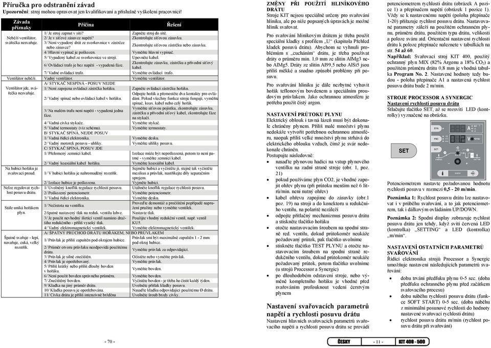 Zkontrolujte síťovou zástrčku nebo zásuvku. 4/ Hlavní vypínač je poškozen. Vyměňte hlavní vypínač. 5/ Vypadený kabel ze svorkovnice ve stroji. Upevněte kabel.