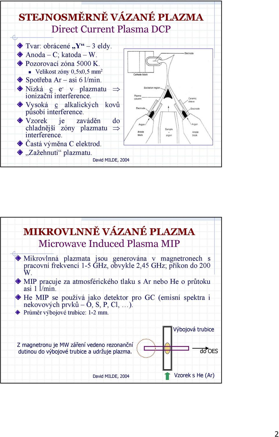 MIKROVLNNĚ VÁZANÉ PLAZMA Microwave Induced Plasma MIP Mikrovlnná plazmata jsou generována v magnetronech s pracovní frekvencí 1-5 GHz, obvykle 2,45 GHz; příkon do 200 W.