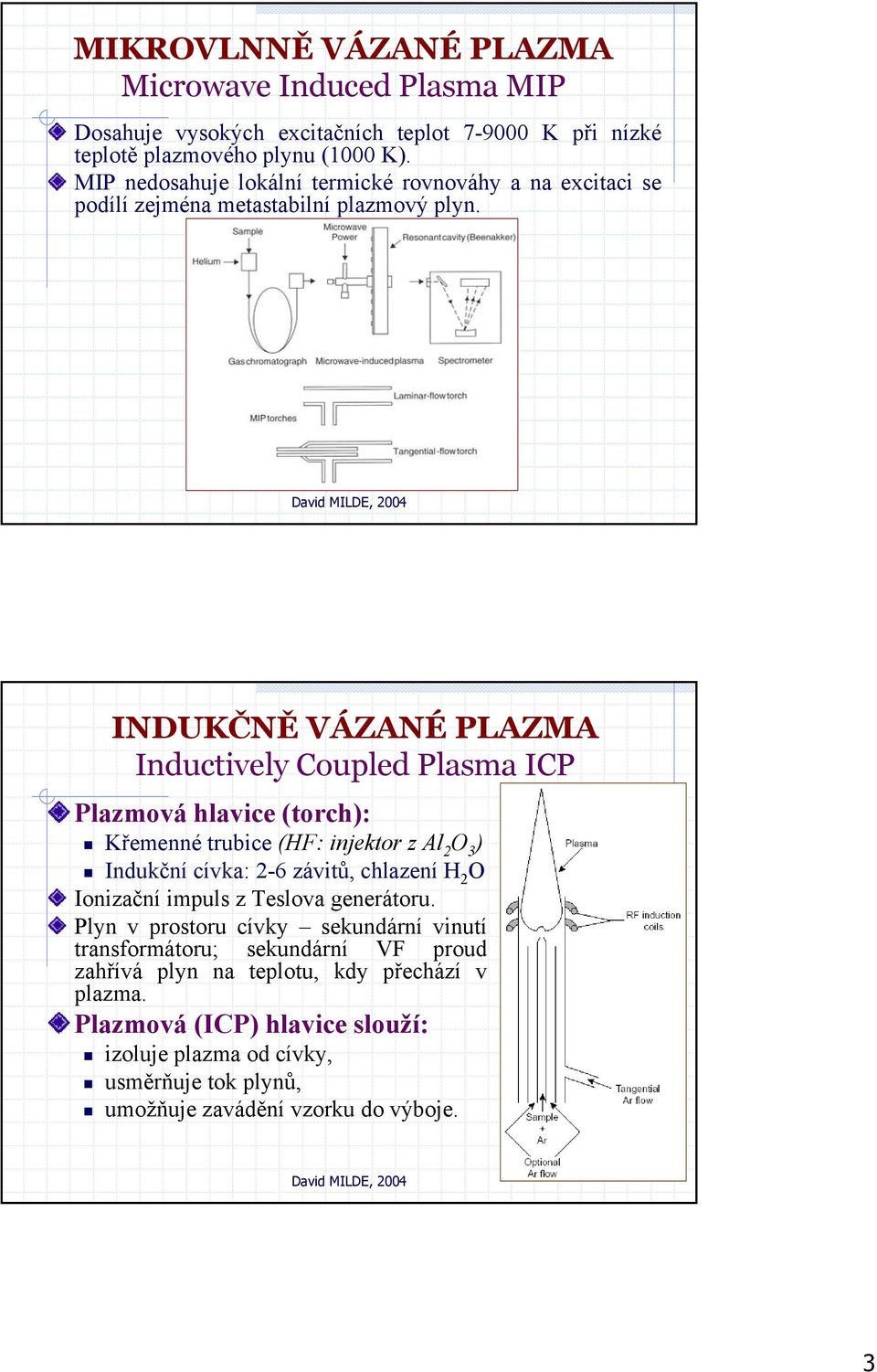 INDUKČNĚ VÁZANÉ PLAZMA Inductively Coupled Plasma ICP Plazmová hlavice (torch): Křemenné trubice (HF: injektor z Al 2 O 3 ) Indukční cívka: 2-6 závitů, chlazení H 2 O