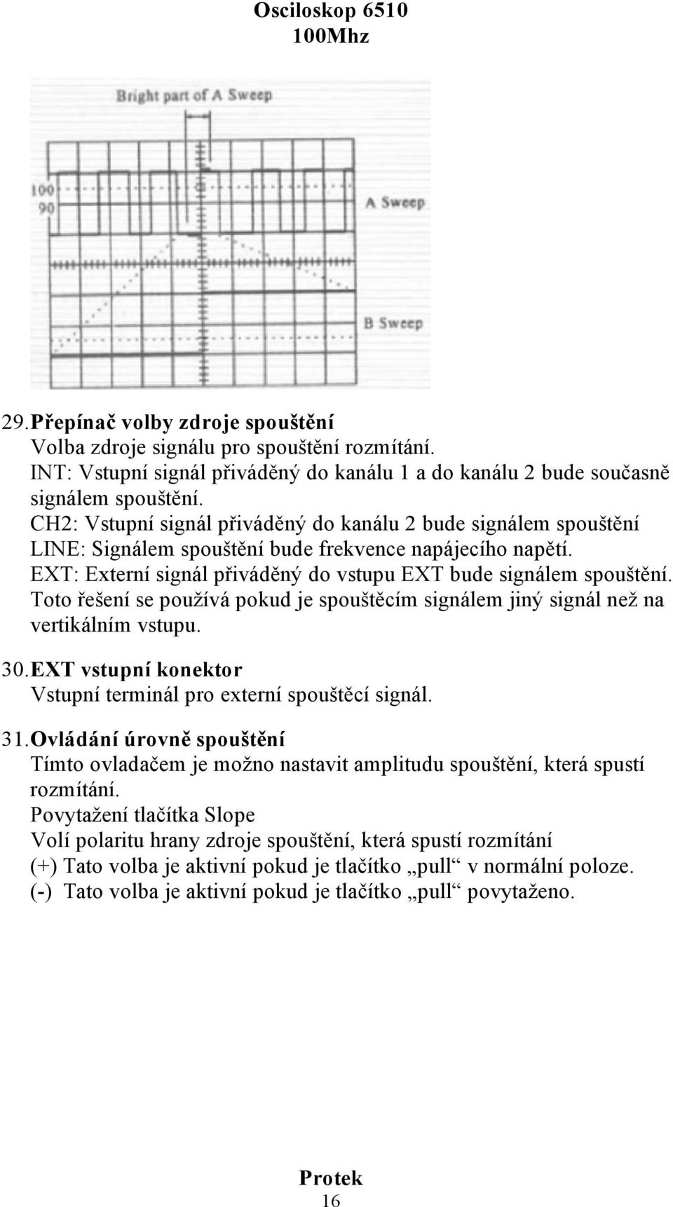 Toto řešení se používá pokud je spouštěcím signálem jiný signál než na vertikálním vstupu. 30. EXT vstupní konektor Vstupní terminál pro externí spouštěcí signál. 31.