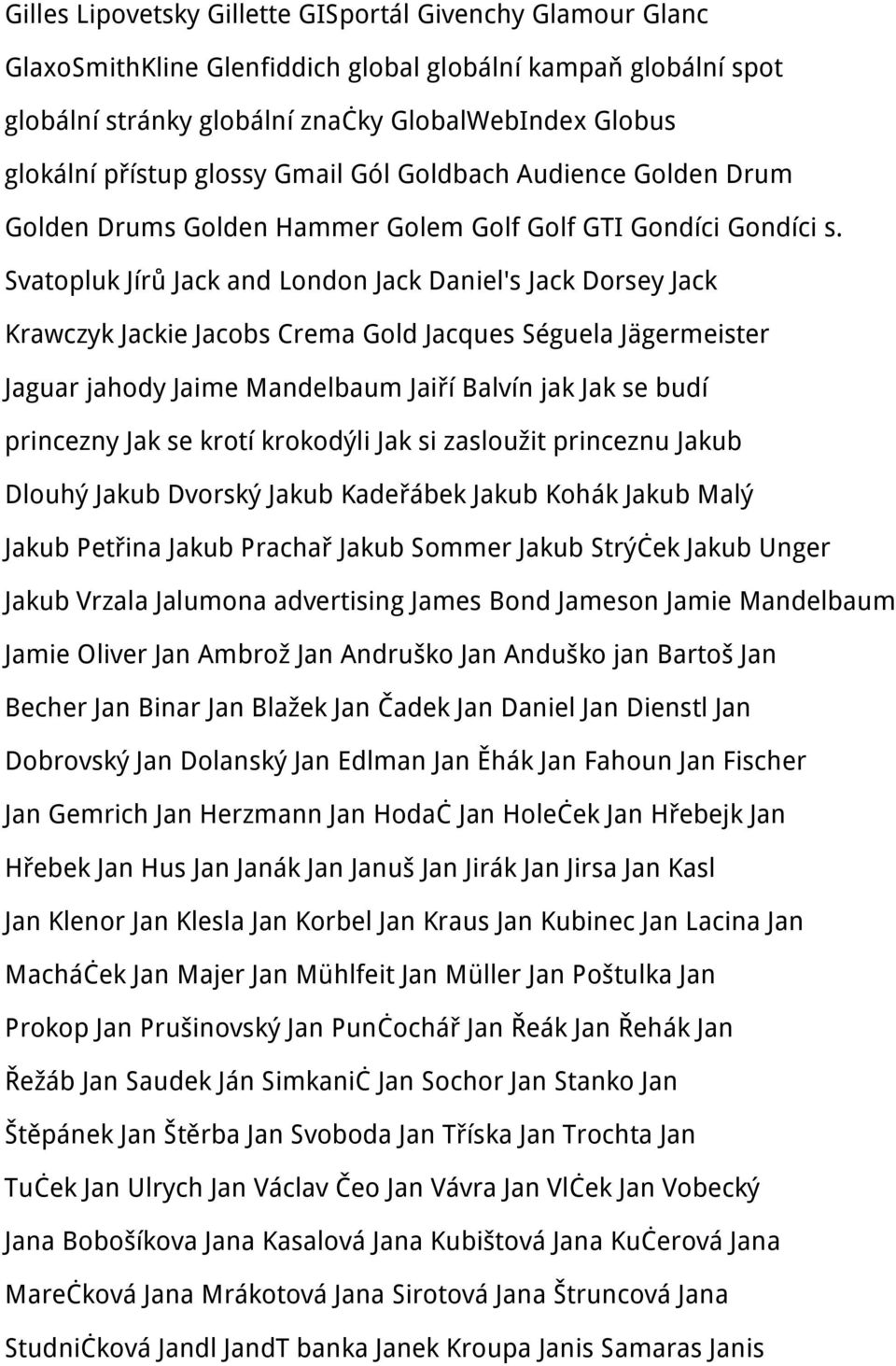 Svatopluk Jírů Jack and London Jack Daniel's Jack Dorsey Jack Krawczyk Jackie Jacobs Crema Gold Jacques Séguela Jägermeister Jaguar jahody Jaime Mandelbaum Jaiří Balvín jak Jak se budí princezny Jak