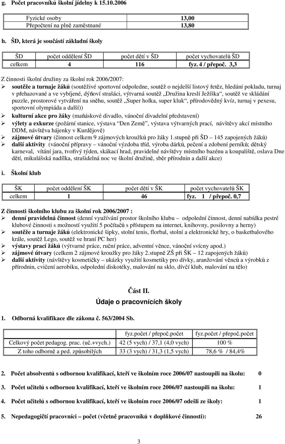 3,3 Z činnosti školní družiny za školní rok 2006/2007: soutěže a turnaje žáků (soutěživé sportovní odpoledne, soutěž o nejdelší listový řetěz, hledání pokladu, turnaj v přehazované a ve vybíjené,